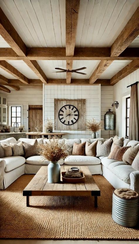 White Plank Ceiling Living Room, Open Beam Ceiling Living Room, 9ft Ceilings Living Room, Rustic Beams Ceiling, Wooden Beams Ceiling Living Room, Living Room With Wood Ceiling, Wood Beam Ceiling Living Room, Farmhouse Interior Design Living Room, Interior Brick Wall Ideas