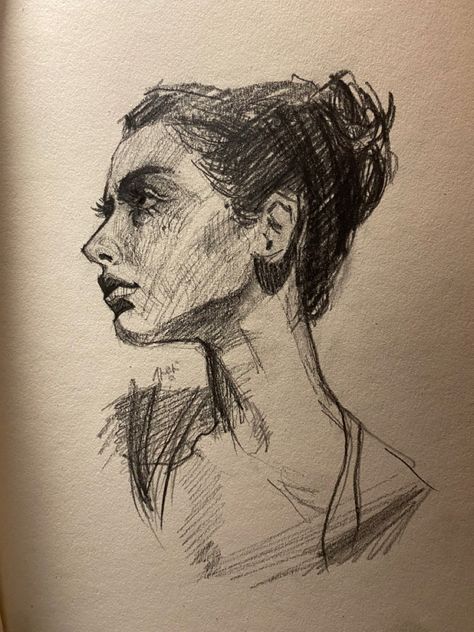 Female Portrait Sketches Pencil, Lip Side Profile Drawing, Head And Neck Anatomy Drawings, Sketch Ideas People Faces, Face Sketches Aesthetic, Women Reference Face, Sharp Drawing Style, Look Up Reference Drawing, Beginner Charcoal Drawing