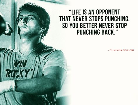 Sylvester Stallone quote about life that never stops punching | More interesting quotes in the profile Rocky Quotes Wallpaper, Sly Quotes, Rock Balboa, Sylvester Stallone Quotes, Rocky Quotes, Quote About Life, Apple Pen, Cap Decoration, Famous Movie Quotes