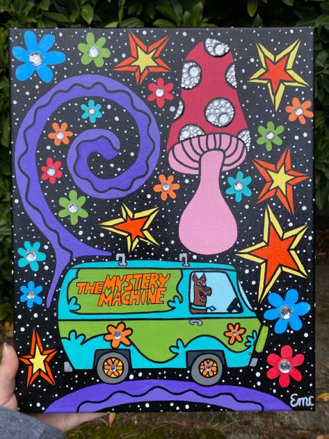 trippy art 
canvas painting 
acrylic painting 
mushroom art 
psychedelic art
painting Scooby Doo High Painting, Scooby Doo Drawing Trippy, Acrylic Marker Art Easy, Trippy Scooby Doo Painting, Hippy Canvas Painting, Trippy Aesthetic Art, Scooby Doo Painting Ideas, Scooby Doo Art Trippy, Cute Trippy Painting Ideas