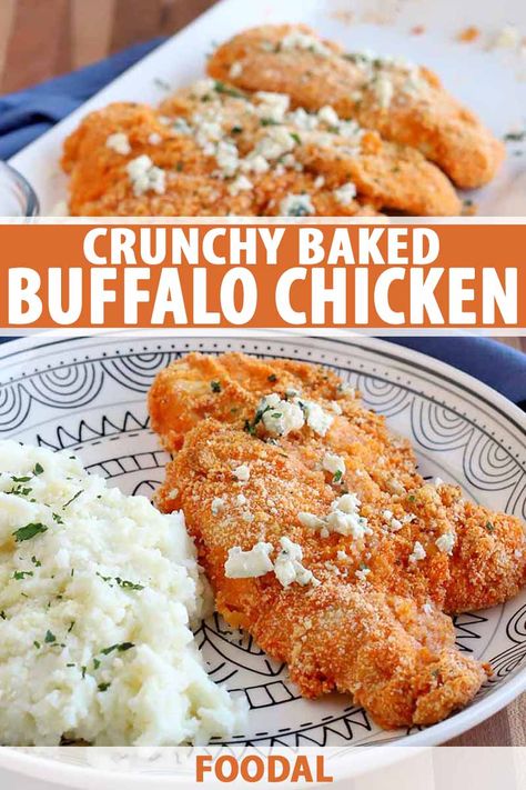 Put dinner on the table in 30 minutes easily with our Buffalo baked chicken cutlets. The spicy poultry is crunchy and juicy, with a tangy topping of creamy crumbled blue cheese. It’s a fun way to enjoy your favorite wings flavor as an entree, with less mess. Get the recipe now. #buffalochicken #30minutemeals #foodal Baked Chicken Cutlets, Chicken Cutlet Recipes, Baked Buffalo Chicken, Chicken Recipies, Savoury Recipes, Chicken Cutlets, Chicken Dinners, Chicken Dishes Recipes, Easy Dinners