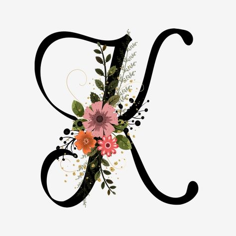 Alphabet Letter K With Flowers And Leaves Kad Perkahwinan, English Alphabets With Pictures, Letters K, The Letter K, Alphabet Letters Design, Alphabet Pictures, Stylish Alphabets, Vintage Text, Font Alphabet