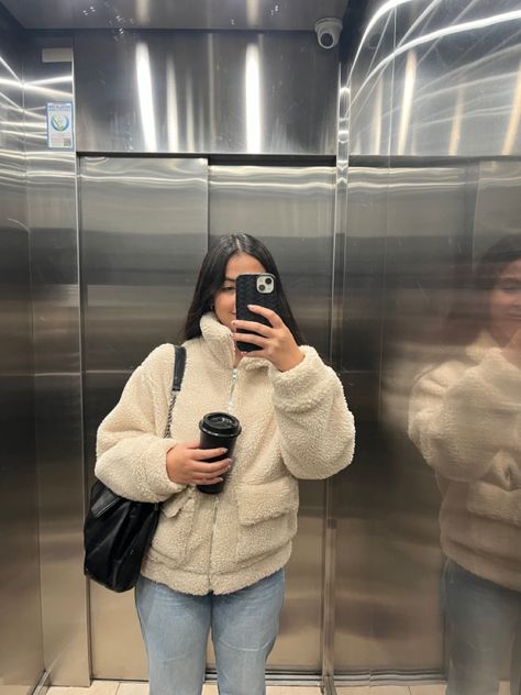 Basic outfit teddy jacket Teddy Jacket Outfit Korean, Teddy Jumper Outfit, Teddy Zip Up Jacket Outfit, Styling Teddy Jacket, How To Style Teddy Jacket, Beige Teddy Jacket Outfit, Teddy Bear Jacket Outfit Winter, Teddy Hoodie Outfit, Teddy Fleece Jacket Outfit