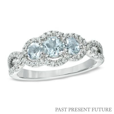 Aquamarine and 1/4 CT. T.W. Past Present Future® Ring in 10K White Gold Past Present Future Ring, Brown Diamond Ring, Minimalist Diamond Rings, Pink Morganite Engagement Ring, Diamond Signet Ring, Future Engagement Rings, Diamond Cluster Engagement Ring, Flower Engagement Ring, Unique Diamond Rings