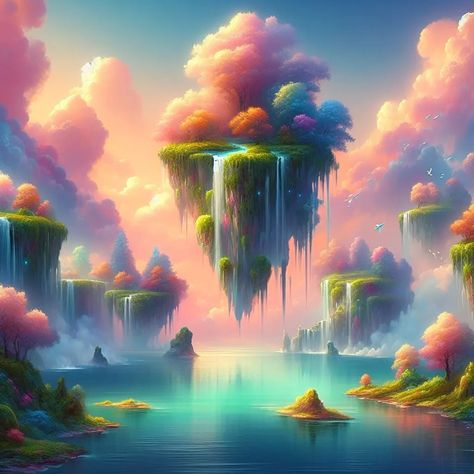 A beautiful dream land . . a painting of a waterfall in the sky, dream scenery art, fantasy art landscape, fantasy landscape painting, beautiful fantasy painting, fantasy matte painting，cute, epic dreamlike fantasy landscape, whimsical fantasy landscape art, mystical fantasy landscape, impressive fantasy landscape, atmospheric dreamscape painting, clouds. fantasy, symmetrical fantasy landscape, very beautiful fantasy art, fantasy landscape, dreamy matte painting . . . . . . #nature #nat... Fantasy Landscape Art Magic, Dreamscape Painting, Fantasy Art Landscape, Fantasy Landscape Painting, Dream Scenery, Art Fantasy Landscape, Fantasy Landscape Art, Magic Landscape, Art Mystical