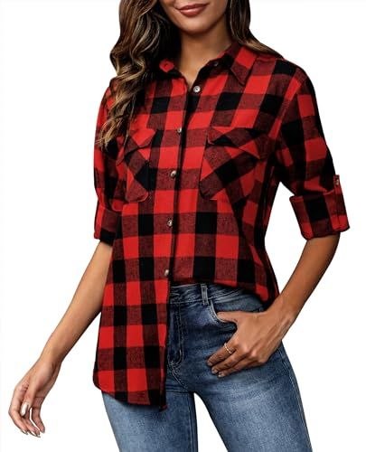 siliteelon Flannel Shirt Women Plaid Shirts Long Sleeve Oversized Button Down Cotton Boyfriend Casual Roll Up Blouse Tops Plaid Shirt Dress Outfit, Flannel Shirt Women, Plaid Pants Outfit, Womens Flannel, Plaid Skirt Outfit, Plaid Shirt Women, Shirt Dress Outfit, Warm Fabric, Womens Flannel Shirt