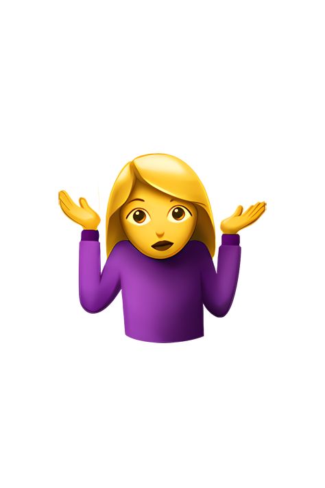 The emoji 🤷‍♀️ Woman Shrugging depicts a female figure with raised shoulders and outstretched arms, palms facing upwards. The woman has a neutral expression on her face and is shown with a yellow skin tone. She appears to be shrugging her shoulders in a gesture of confusion or uncertainty. The woman is wearing a shirt with a V-neckline and has long hair that falls over her shoulders. Idk Emoji Face, Shrugging Emoji, Idk Emoji, Confused Emoji, Apple Emoji Png, Shrug Meme, Iphone Emoji, Emoji Iphone, Phone Emoji