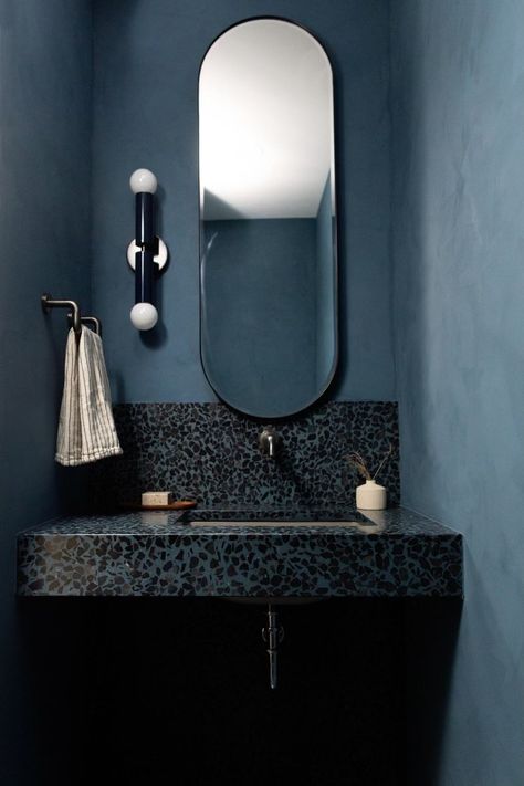 pacifica — concrete-collaborative Blue Terrazzo Bathroom, Terrazzo Vanity, Dark Terrazzo, Moody Powder Room, Terrazzo Countertop, Beach House Modern, Concrete Collaborative, Terrazzo Bathroom, Moody Bathroom