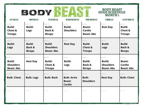 Body Beast Workout Schedule, Body Beast Workout Sheets, Workout Sheets, Beast Workout, Body Beast, Printable Workout, Home Exercise Program, Workout Calendar, Printable Workouts