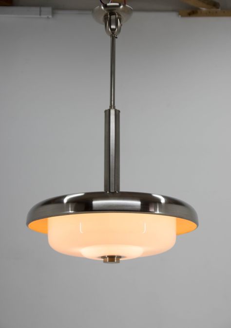 Stunning Bauhaus chandelier executed by IAS in 1930s. Opaline glass shade marked by Pyroplex. Very good original condition. Nickel polished, rewired: 3x60W, E25-E27 bulbs US wiring compatible PLEASE NOTE: All our items are vintage. Therefore, they may have some imperfections that are consistent with use and age, making them utterly unique and special. We try to describe and mainly show as much as possible in the photos. Please examine the photos thoroughly. Colours may vary depending on lighting Deco Lighting, Art Deco Lighting, 1930s Art Deco, Vintage Glassware, Vintage Lighting, Live Light, Ceiling Light Fixtures, Cool Lighting, Czech Republic