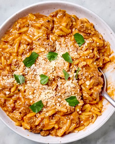 Creamy One-Pot Beef Orzo Recipe | The Kitchn Beef Orzo, Orzo Recipe, Tomato Cream Sauce, Orzo Recipes, Potted Beef, Canned Tomato Sauce, Main Courses, Beef Dishes, Betty Crocker