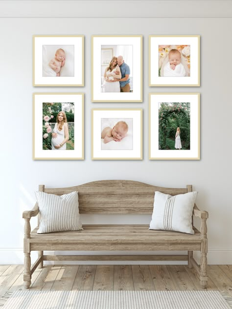 Playroom Photo Display, Gallery Wall Ideas With Family Pictures, 6 Photos On Wall, Newborn Picture Display Wall Art, Newborn Photo Collage Wall, Maternity Photo Wall Display, Family Portraits In Living Room, Portrait And Landscape Photo Wall, Family Picture Display Ideas Living Room