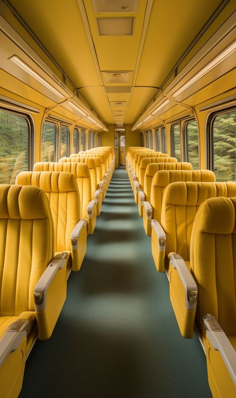 A bus interior photography in a mustard yellow tone typical to Wes Anderson aesthetic Yellow Wes Anderson, Wes Anderson Yellow, Wes Anderson Aesthetic Photography, Wes Anderson Style Photography, Wes Anderson Interior Design, Wes Anderson Photography, Bus Interior Design, Bus Aesthetics, Yellow Scenery