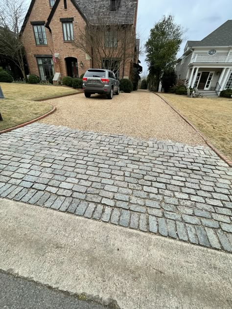 Nantucket Driveway, Inexpensive Driveway Ideas, Cobblestone Driveway Apron, Ribbon Driveway, Driveway Apron, Driveway Materials, Belgian Block, Parking Space Ideas, Garden Ideas Driveway