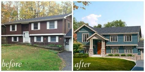 Retro Ranch | 5 Curb-Appeal Before And Afters That'll Knock Your Socks Off Exterior Ranch Remodel, Ranch Remodel Exterior, Exterior Remodel Before And After, Raised Ranch Remodel, Dc House, Split Level Remodel, Ranch House Remodel, Raised Ranch, Split Foyer