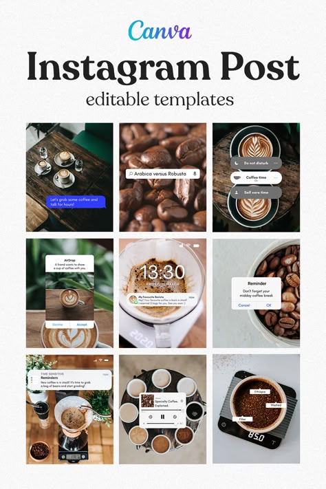 Create eye-catching Instagram posts for a business with these easy-to-use templates in Canva. These posts are designed to attract attention of the viewers. They are highly customizable. Change photos, text, fonts, elements' size and position. You can also remove or add elements! Follow the link to purchase on Etsy. Coffee Instagram Feed Ideas, Coffee Shop Instagram Post, Coffee Instagram Feed, Coffee Shop Instagram Feed, Coffee Instagram Post, Iphone Interface, Instagram Calendar, Instagram Post Design, First Instagram Post