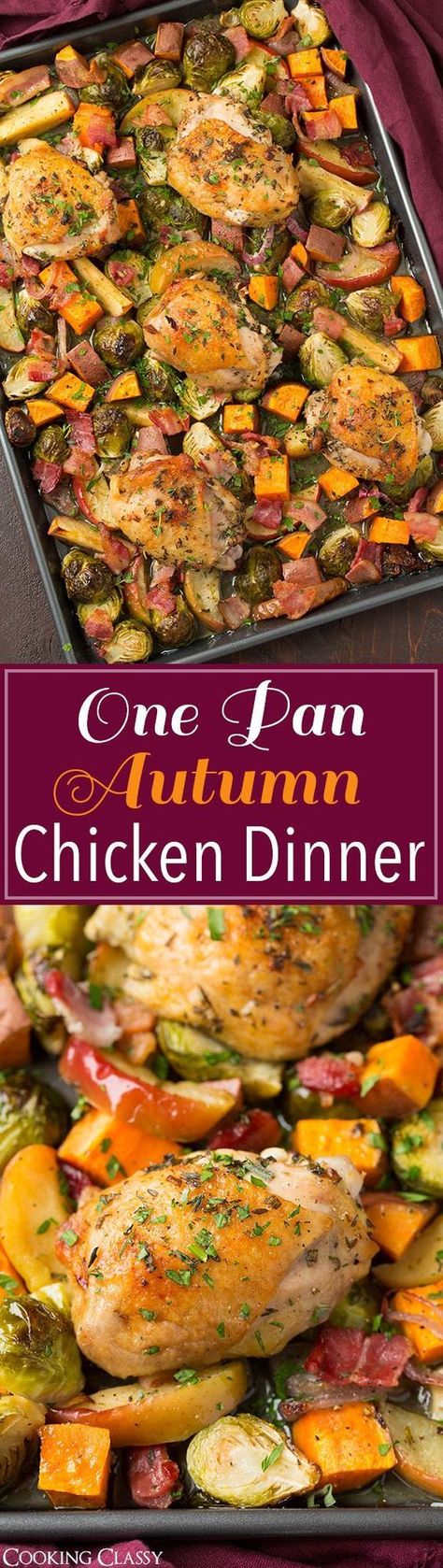 One Pan Autumn Chicken Dinner - easy to make and clean up is a breeze! Brussels sprouts, apples, sweet potatoes, bacon, shallots and herb chicken. Delicious! Autumn Chicken Dinner, One Pan Chicken Dinner, Autumn Chicken, One Pan Chicken, Fall Recipe, Herb Chicken, Healthy Fall, Pan Chicken, Dinner Easy