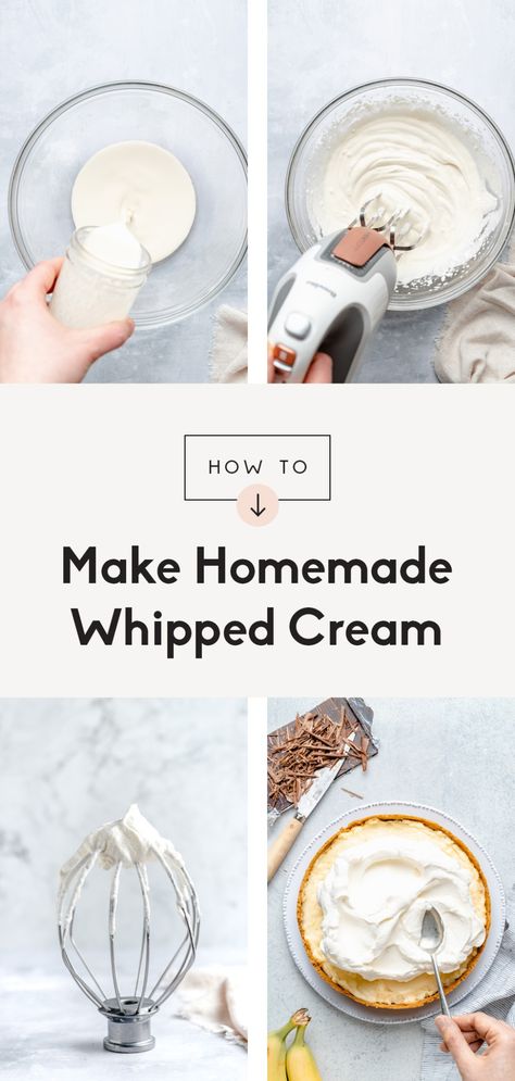 Learn how to make whipped cream that's perfectly sweet, deliciously fluffy, and made with just 3 ingredients! This easy homemade whipped cream recipe makes the best topping for hot chocolate, pies, waffles, and more. Options to add different flavors for a festive twist! #howto #kitchenhack #whippedcream #dessert Desserts With Homemade Whipped Cream, How To Make Homemade Whipped Cream, Sturdy Whipped Cream, How To Make Whipped Cream, How To Make Flavored Whipped Cream, Homemade Whipped Cream Easy With Heavy Cream, Homemade Flavored Whipped Cream, Homemade Whipped Cream Easy, Whip Cream Recipe