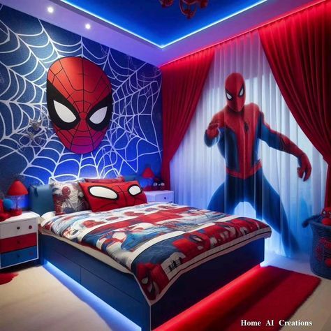 Superman Bed, Spiderman Room Ideas, Spiderman Bedroom, Avengers Bedroom, Blue And Gold Bedroom, Unique Bed Design, Man Bedroom, Spiderman Room, Tipografi 3d