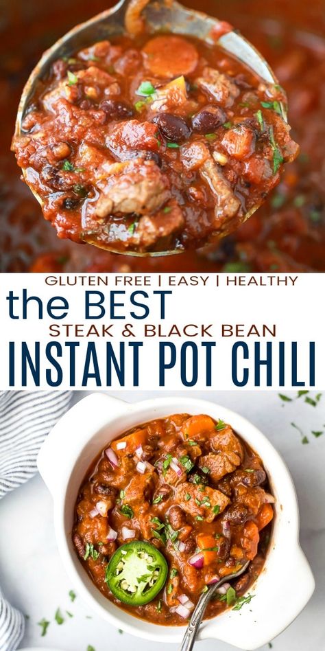 Best Chili Recipe Award Winning Instapot, Chili With Stew Meat Instant Pot, Instant Pot Steak Chili, Chili In Pressure Cooker, Instapot Steak Chili, Instant Pot Beef Chili With Beans, Steak And Black Bean Chili, Stew Meat Chili Instant Pot, Steak Chili Recipe Instant Pot