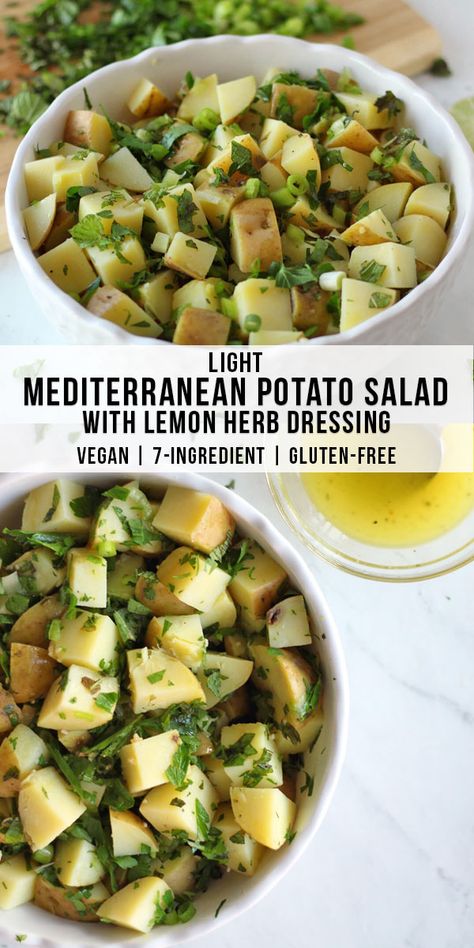 Olive Oil Potato Salad, Mediterranean Potato Salad, Mediterranean Potatoes, Vegan Mediterranean Recipes, Mediterranean Tofu, Mediterranean Lunches, Tofu Egg Salad, Potato Salad Vegan, Lemon Herb Dressing