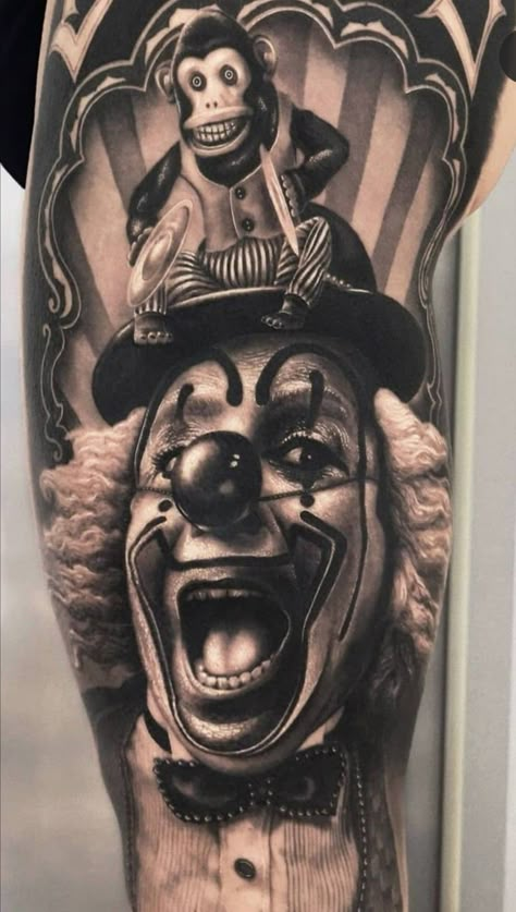 Black And Grey Clown Tattoo, Scary Clown Tattoo, Scary Tattoo Ideas, Feminine Tattoo Ideas, Evil Clown Tattoos, Shadow Tattoo, Lace Tattoo Design, Medusa Tattoo Design, Gangsta Tattoos