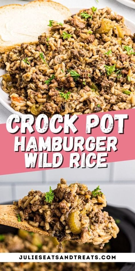 This is a true Minnesotan Hot Dish recipe! An easy Hamburger Wild Rice Casserole that's made in your Crock Pot for an easy dinner. A mixture of ground beef, celery, Uncle Ben's Wild Rice, soy sauce, mushrooms and more. It's comforting, full of flavor and delicious. #crockpot #casserole Hamburger Wild Rice Casserole, Hamburger Hotdish, Crock Pot Hamburger, Crockpot Rice Recipes, Hamburger In Crockpot, Ground Beef Crockpot Recipes, Hotdish Recipes, Wild Rice Recipes, Hamburger Dishes