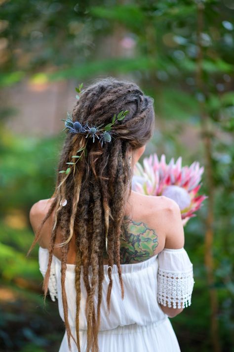 My wedding do.  #dreads #dreadlocks #thistles #protea #treetattoo #bohobride Bridal Dreads Hairstyles, Dreadlock Wedding Styles, Wedding Hair For Dreads Dreadlock Styles, Bridal Hair Dreadlocks, Bridal Hairstyles For Dreadlocks, Bride Dreadlocks Wedding Styles, Wedding Hair Dreadlocks, Dreadlock Hairstyles Wedding, Dreads Wedding Hairstyles Dreadlocks