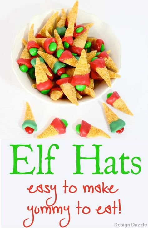 25 Edible Christmas Crafts for Kids - Southern Made Simple Bugle Elf Hats, Elf Hats Bugles, Christmas Elf Party, Salty Christmas Snacks For Kids Party, Salty Christmas Snacks For Kids, Elf Party, Elf Hats, Hats Design, Easy Foods