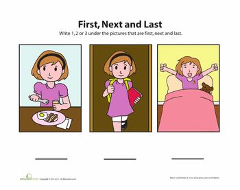 What Comes First? What Comes Last? | Education.com Social Skills Worksheets, Preschool Social Skills, Preschool Social Studies, Sequencing Activities Kindergarten, Math Songs, Alphabet Writing Practice, Preschool Reading, Preschool Math Worksheets, Social Studies Worksheets