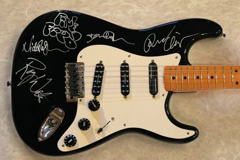 Pink Floyd - Genuine Fender Stratocaster Hand-signed by Roger Waters, David Gilmour, Richard Wright, Nick Mason. https://rockstargallery.net/signed-guitar/pink-floyd/pink-floyd-black-stratocaster/  Contact us - info@rockstargallery.net #pinkfloyd #signedphotos #signedguitars #signedalbums #signedmusiccollectibles #signedmusicmemorabilia #artistsoninstagram #interiordesigner #music #classicrock #guitars #albums #art #musicart #interiordesign #goldrecords Black Stratocaster, White Stratocaster, Signed Guitar, Roger Waters David Gilmour, Squier Stratocaster, Writing Aesthetics, Fender Guitars Stratocaster, Nick Mason, Richard Wright