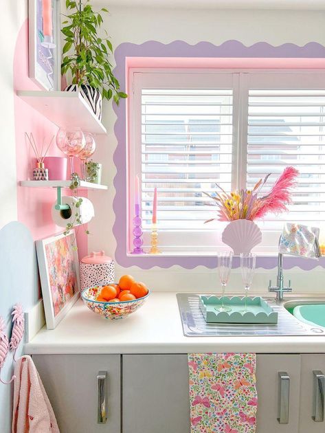 Small Colourful Kitchen Ideas, Kitchen Cute Aesthetic, Eclectic Decor Pastel, Pastel Rainbow Kitchen, Pastel Home Ideas, Rainbow House Decor, Colorful Kitchen Decor Ideas, Pastel Kitchen Aesthetic, Danish Pastel Kitchen