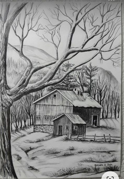 Scenery Drawing Pencil, Pencil Sketches Landscape, Easy Pencil Drawings, Landscape Pencil Drawings, Drawing Scenery, Nature Art Drawings, Drawing Eyes, Landscape Sketch, Pencil Shading