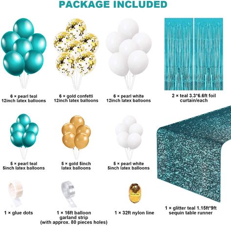 Teal And Gold Themed Birthday Party, Teal And Black Party, Aqua Party Decorations, Teal 50th Birthday Party, Teal Black And Gold Party Decorations, Teal And Gold Graduation Party Ideas, Turquoise And Gold Birthday Party Ideas, Teal White And Gold Party Decorations, Turquoise Birthday Decorations