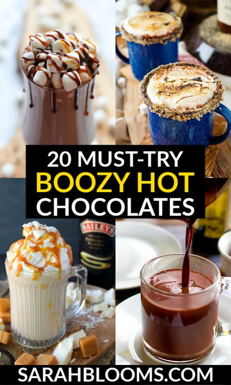 Warm up with these 20 Fabulous Boozy Hot Chocolates perfect for quiet evenings by the fire or holiday parties all season long! #hotchocolate #boozyhotchocolate #spikedhotchocolate #hotchocolaterecipes Boozy Hot Chocolate Bar, Chocolate Bar Ideas, Hot Chocolate Bar Ideas, Cozy Hot Drinks, Frozen Hot Chocolate Recipe, Boozy Hot Chocolate, Spiked Hot Chocolate, Pastas Recipes, Hot Chocolate Bar