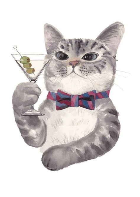 Grey Tabby Cat with Martini and Bow Tie Phone Wallpaper • Lock Screen Shaken not stirred. For cat and cocktail lovers. Tie Art, Super Cat, Cat Drinking, Watercolor Cat, Cats Illustration, Art And Illustration, Cat Wallpaper, Cat Painting, Cat Illustration