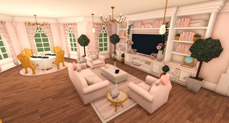 Blush Living Room Bloxburg, Coquette Living Room Bloxburg, Coquette Room Bloxburg, Bloxburg Living Room Ideas Aesthetic, Pink Bloxburg House, Pink Blush Aesthetic, Coquette Bloxburg House, Bloxburg Coquette, Coquette House