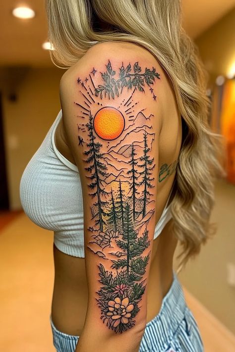 Woman Nature Sleeve Tattoo Ideas 39 Outdoor Tattoo For Women Forearm, Sun Tree Tattoo, Outdoor Tattoo For Women, Nature Sleeve Tattoo Women, Outdoors Tattoos For Women, Fine Line Nature Tattoo, Wilderness Tattoo Women, Nature Tattoos For Women, Earthy Tattoos Nature