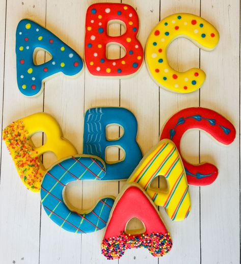 Abc Cookies, Alphabet Birthday, School Cookies, Abc Party, Alphabet Cookies, Third Birthday Party, School Treats, Second Birthday, Icing Cookies