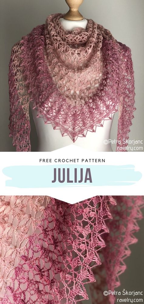 Julija Free Crochet Pattern This is a pattern for crocheting romantics! We are all in the mood for something delicate, feminine and elegant sometimes, aren't we? Especially at the beginning of spring! #lacycrochetshawl #crochetshawl #crochetlace #crochetwrap #freecrochetpattern Lace Shawl Pattern, Crochet Lace Scarf, Crochet Shawl Diagram, Crochet Shawl Free, Crocheted Shawl, Crochet Lace Shawl, Crochet Shawl Pattern Free, Crochet Shawls And Wraps, Crochet Lace Pattern