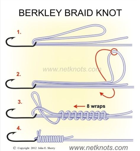 Berkeley braid Knot... Strong, good for fluorocarbon line, kinda tricky to tie, and personally only make 4 wraps instead on 8. Fishing Line Knots, Fishing Hook Knots, Hook Knot, Pesca In Mare, Fly Fishing Tips, Bass Fishing Tips, Fishing Vest, Fishing Rigs, Fishing Techniques