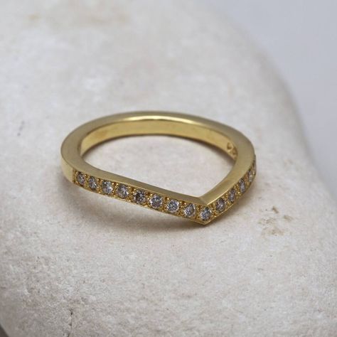 An 18ct gold comfort fit wedding or eternity ring with bead set diamonds handmade from sustainable alluvial river gold and ethically sourced recycled gold. This beautiful, ethical comfort fit wedding or eternity ring is handmade from only ethically sourced materials. It is made from sustainable alluvia river gold and 18ct recycled gold with bead set diamonds. Jacqueline & Edward's range of rings are perfect for people who prefer ethically produced beautiful jewellery. Our eco-friendly diamon Handmade Wedding Rings, Gold River, Wooden Ring Box, Handmade Engagement Rings, How To Make Rings, Wooden Ring, Natural Gold, Bead Set, Solid Gold Rings