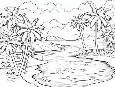 illustration of Coloring and relaxation on a tropical island Beach Coloring Pages, Easy Landscape, Coloring Page For Adults, Tropical Getaways, Cool Coloring Pages, Tropical Island, Ocean Breeze, Tropical Islands, Sandy Beaches