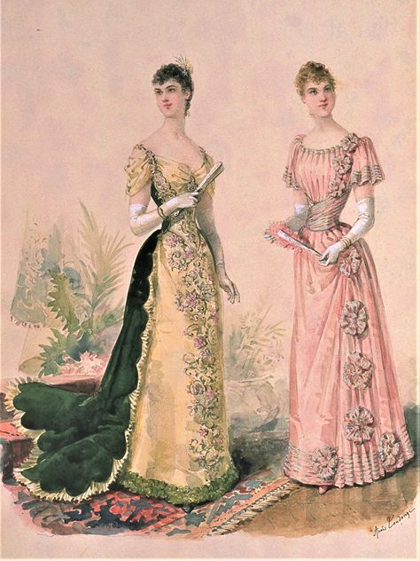 Fashion Plate - La Mode Illustree - 1891 1891 Fashion Plate, Gilded Age Fashion Evening Dresses, Glided Glamour Fashion, 19th Century Women's Fashion, 1880s Fashion Plate, Guilded Age Fashion, 1800s Fashion Victorian Era, 1890s Fashion Plates, 1800s French Fashion