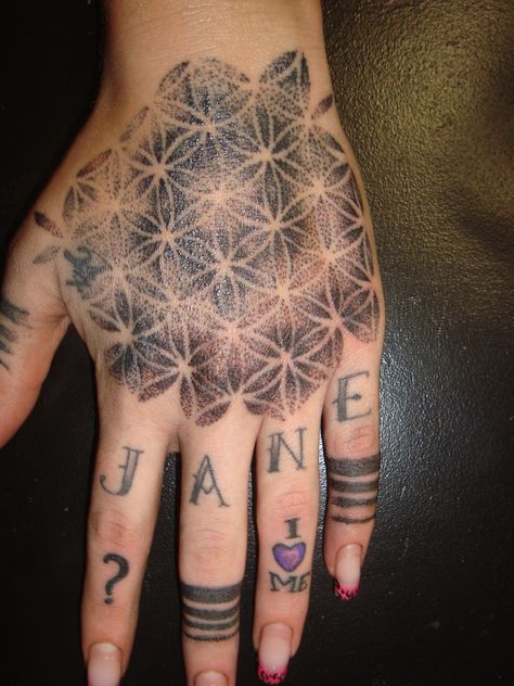 Tattoo | Dotwork Tattoo « Mary Jane Tattoo – Dotwork Artist – Stockholm ... I like the bands around her fingers. Sweden Tattoo, Geometric Flower Tattoo, Flower Of Life Tattoo, Mandala Flower Tattoos, Tattoo Dotwork, Sacred Geometry Tattoo, Muster Tattoos, Hand Tats, Dotwork Tattoo