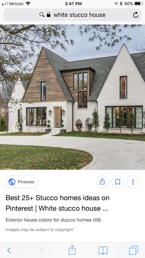 Wood Accents On Stucco House Exterior, Cream And Wood Exterior House, Wooden Accent Exterior, Brick And Wood Siding Exterior, White Brick House With Wood Accents Exterior, White Stucco House With Wood Accents, White Brick Exterior With Wood Accents, Wood Over Brick Exterior, Wood Siding Accent Exterior