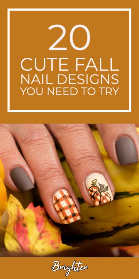 Cute Green Fall Nails, Yellow And Brown Nails, Green Fall Nail Designs, Green And Orange Nails, Teal Fall Nails, Scarecrows Nails, Easy Fall Nail Designs, Plaid Nail Designs, Fall Toe Nails