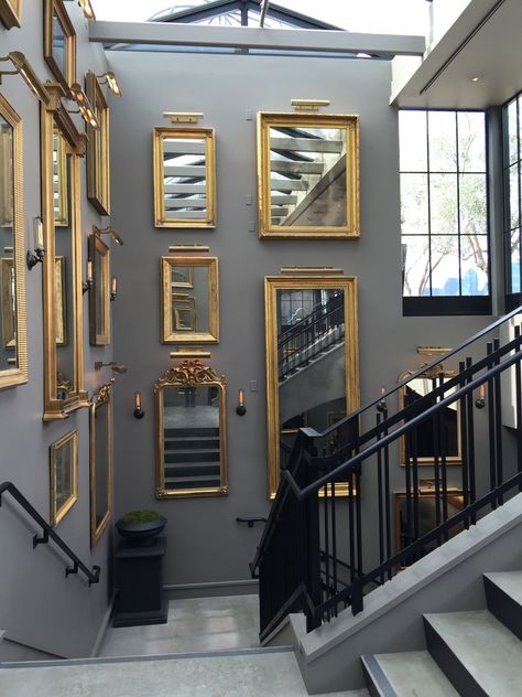 Restoration Hardware Aesthetic, Rh Wall Art, Restoration Hardware Mirror, Gold Frame Gallery Wall, Restoration Hardware Store, Rh Restoration Hardware, Frame Gallery Wall, Bistro Design, Showroom Ideas