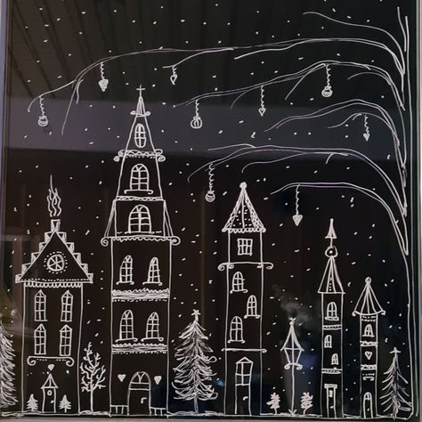 Christmas White Pen Window, Christmas Chalk Marker Window, Chalk Pen Christmas Window Ideas, White Pen Window Drawing Christmas, White Window Painting Christmas, Christmas Window Art Template, Winter Window Drawing Ideas, Christmas Window Drawing Chalk Markers Template, Xmas Window Painting Ideas