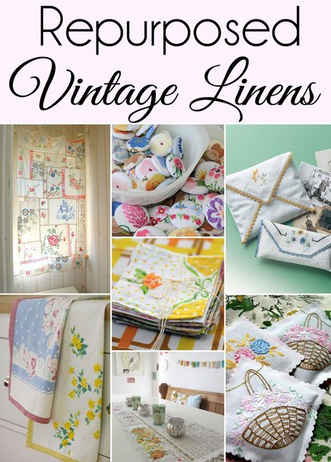 If you have a collection of Vintage Linens you will love this roundup of 15 Cute Ways to Repurpose and Upcycle Vintage Linens. (No. 9 is my favorite!) #repurposedvintagelinens #vintagelinensrepurposed Linen Crafts, Vintage Handkerchiefs Crafts, Vintage Upcycling, Handkerchief Crafts, Upcycle Vintage, Embroidery Patterns Vintage, Repurposed Vintage, Motif Vintage, Vintage Handkerchiefs